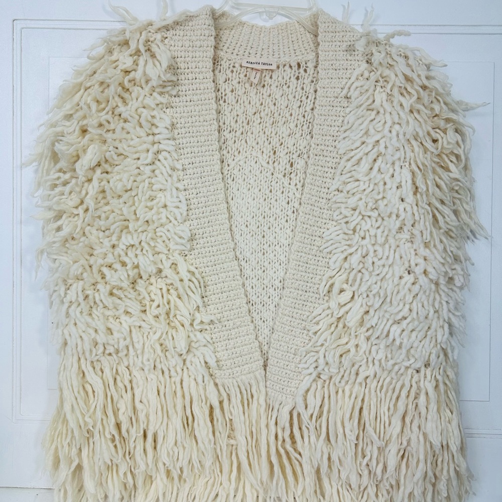 Rebecca Taylor xs/s shaggy‎ fringed open wool vest